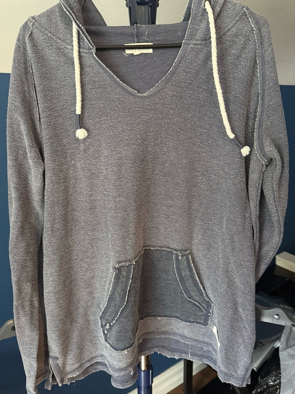 Simply Southern Women’s Distressed Raw Edged Hoodie Washed Charcoal/Blue pocket